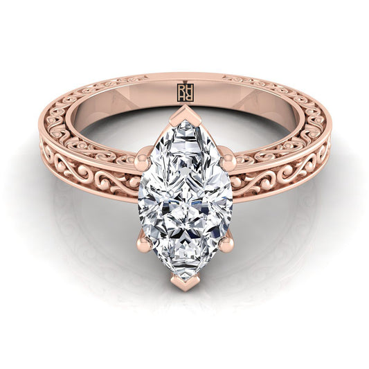14K Rose Gold Marquise  Hand Engraved Scroll Vintage Solitaire Engagement Ring
