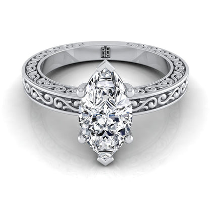 18K White Gold Marquise  Hand Engraved Scroll Vintage Solitaire Engagement Ring