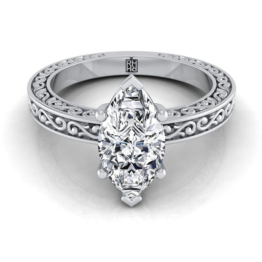 14K White Gold Marquise  Hand Engraved Scroll Vintage Solitaire Engagement Ring