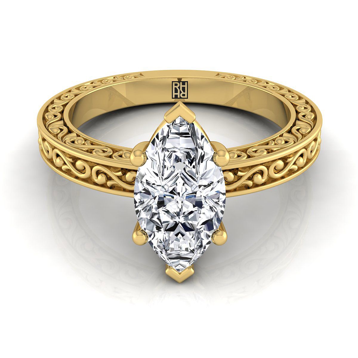 14K Yellow Gold Marquise  Hand Engraved Scroll Vintage Solitaire Engagement Ring