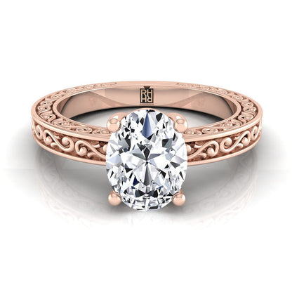 14K Rose Gold Oval Hand Engraved Scroll Vintage Solitaire Engagement Ring
