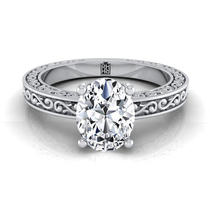 18K White Gold Oval Hand Engraved Scroll Vintage Solitaire Engagement Ring