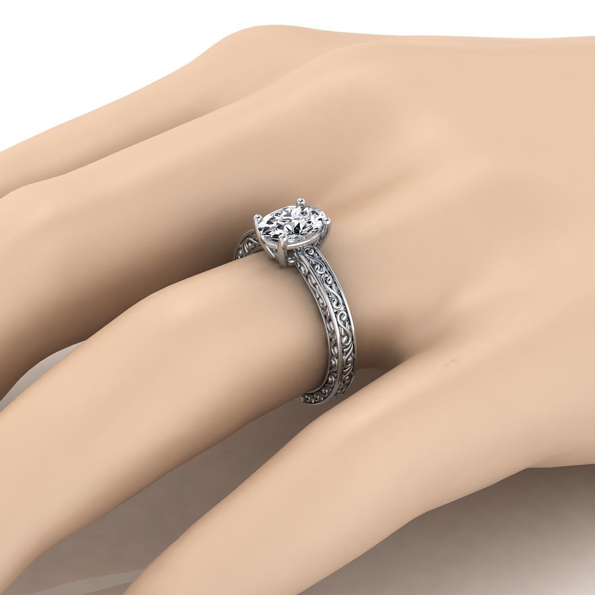 14K White Gold Oval Hand Engraved Scroll Vintage Solitaire Engagement Ring