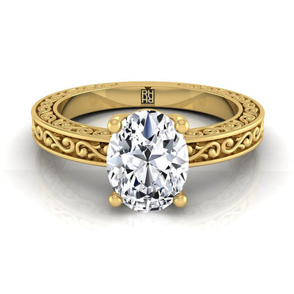 18K Yellow Gold Oval Hand Engraved Scroll Vintage Solitaire Engagement Ring