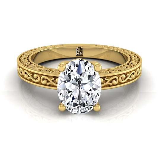 14K Yellow Gold Oval Hand Engraved Scroll Vintage Solitaire Engagement Ring