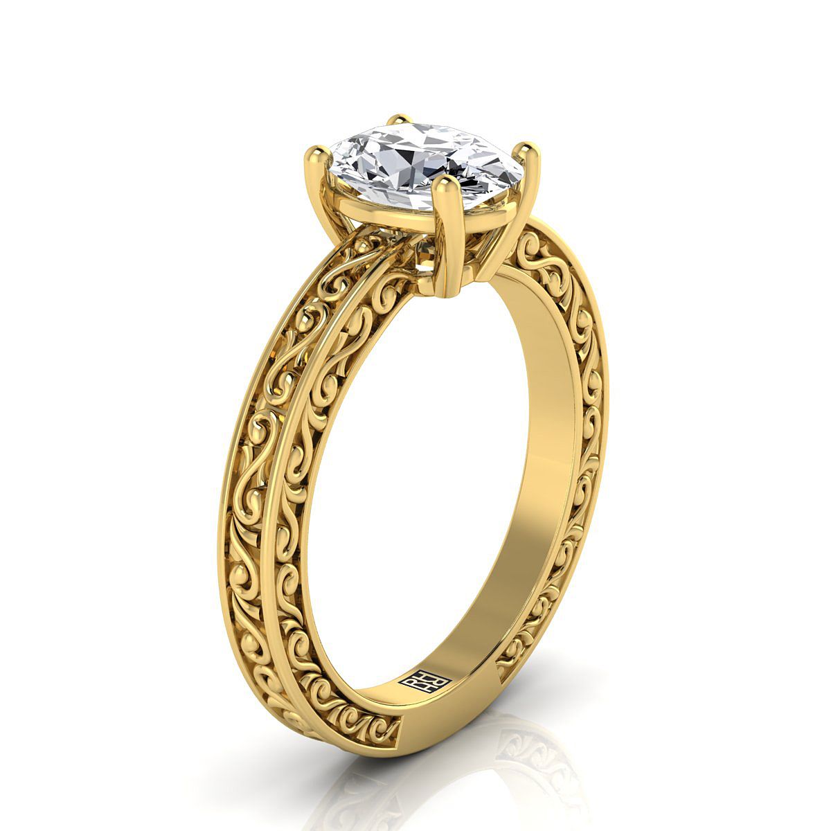 18K Yellow Gold Oval Hand Engraved Scroll Vintage Solitaire Engagement Ring