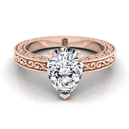 14K Rose Gold Pear Shape Center Hand Engraved Scroll Vintage Solitaire Engagement Ring