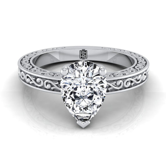 Platinum Pear Shape Center Hand Engraved Scroll Vintage Solitaire Engagement Ring