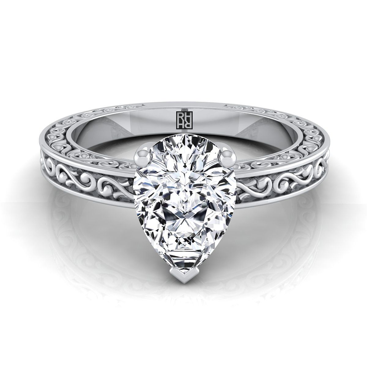 18K White Gold Pear Shape Center Hand Engraved Scroll Vintage Solitaire Engagement Ring