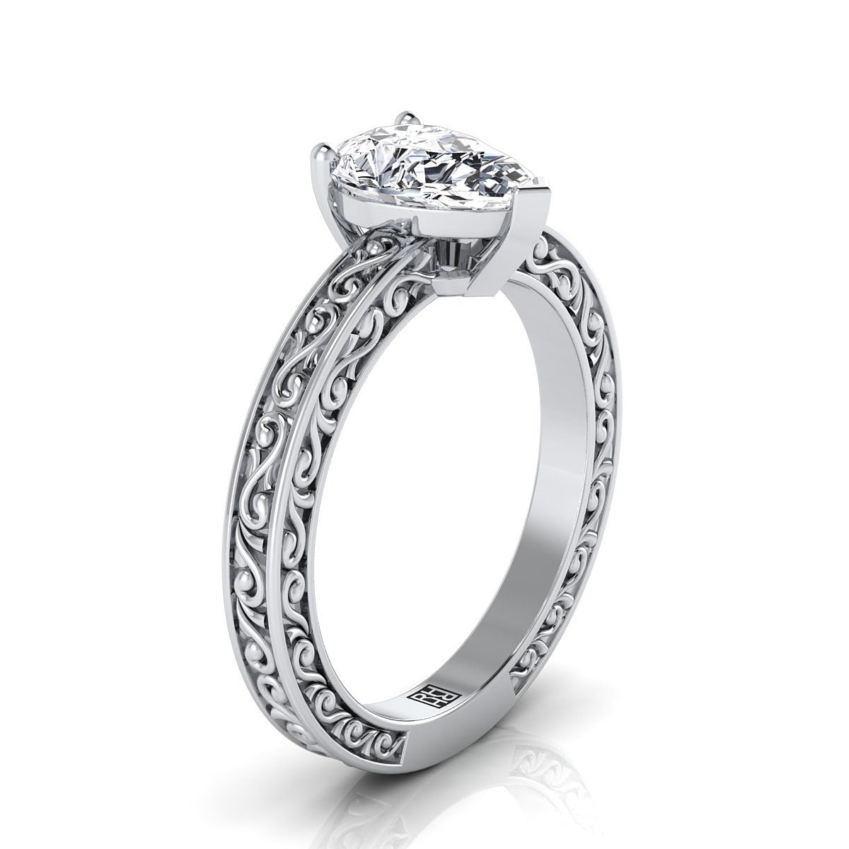 14K White Gold Pear Shape Center Hand Engraved Scroll Vintage Solitaire Engagement Ring