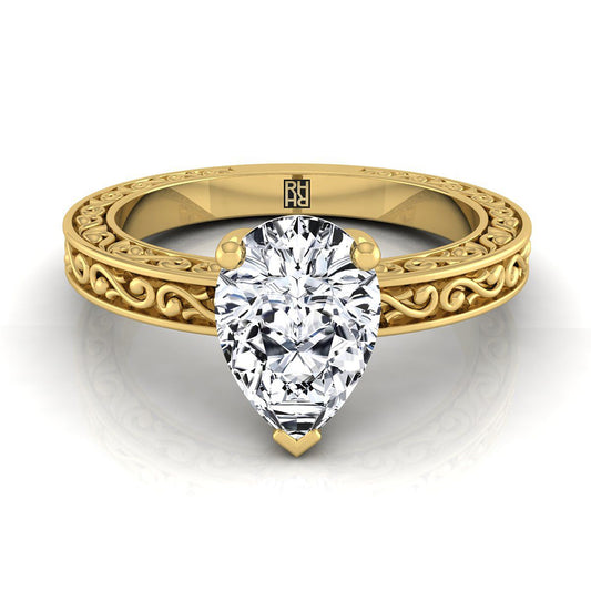 14K Yellow Gold Pear Shape Center Hand Engraved Scroll Vintage Solitaire Engagement Ring