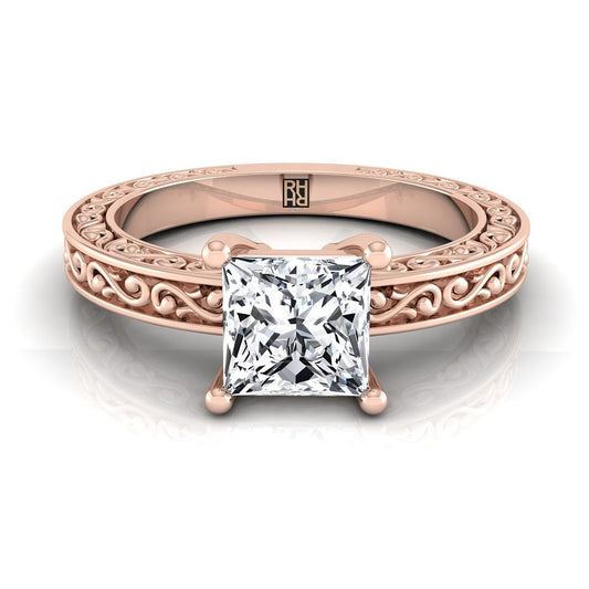 14K Rose Gold Princess Cut Hand Engraved Scroll Vintage Solitaire Engagement Ring