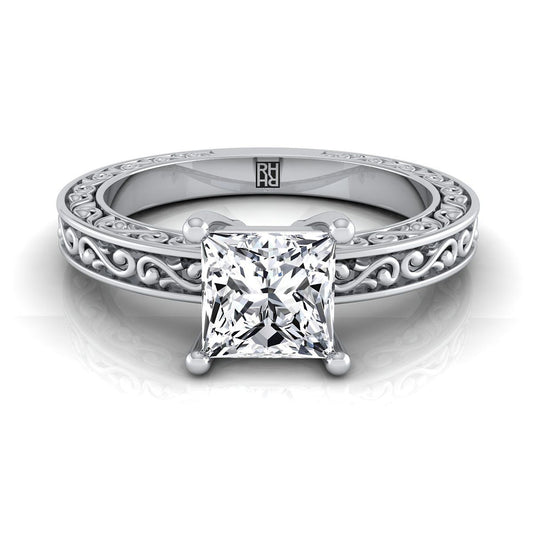 14K White Gold Princess Cut Hand Engraved Scroll Vintage Solitaire Engagement Ring