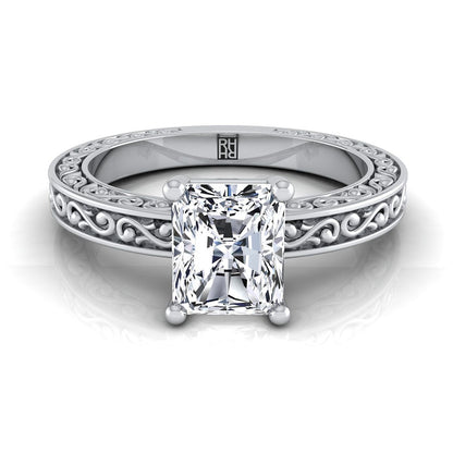 18K White Gold Radiant Cut Center Hand Engraved Scroll Vintage Solitaire Engagement Ring