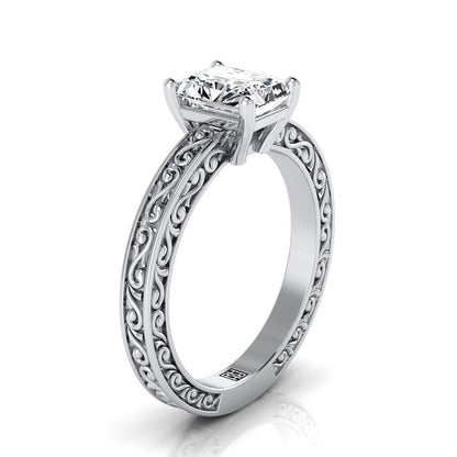 Platinum Radiant Cut Center Hand Engraved Scroll Vintage Solitaire Engagement Ring