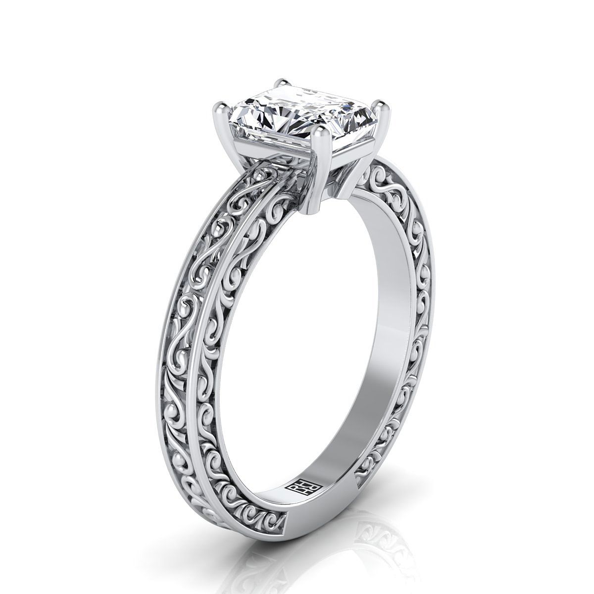 14K White Gold Radiant Cut Center Hand Engraved Scroll Vintage Solitaire Engagement Ring