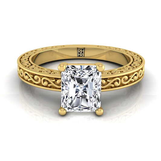 18K Yellow Gold Radiant Cut Center Hand Engraved Scroll Vintage Solitaire Engagement Ring