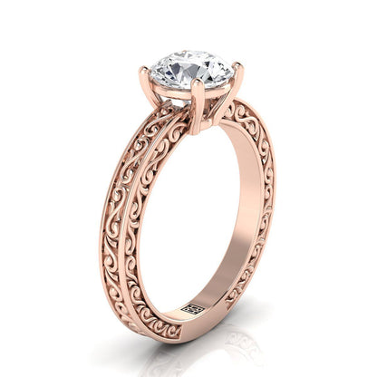 14K Rose Gold Round Brilliant Hand Engraved Scroll Vintage Solitaire Engagement Ring