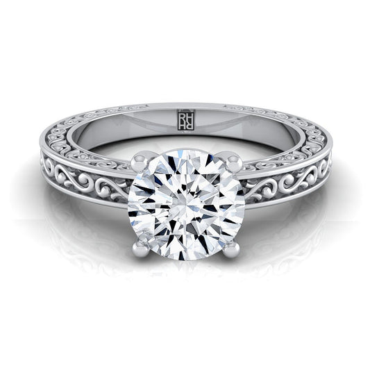 18K White Gold Round Brilliant Hand Engraved Scroll Vintage Solitaire Engagement Ring