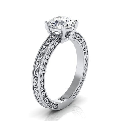 Platinum Round Brilliant Hand Engraved Scroll Vintage Solitaire Engagement Ring