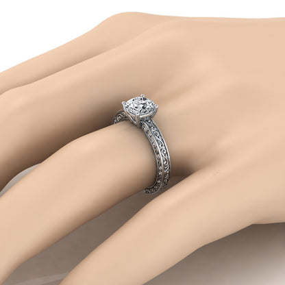 18K White Gold Round Brilliant Hand Engraved Scroll Vintage Solitaire Engagement Ring