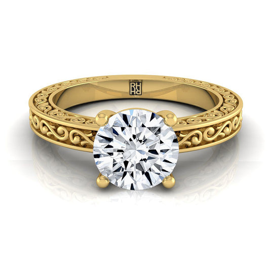 14K Yellow Gold Round Brilliant Hand Engraved Scroll Vintage Solitaire Engagement Ring