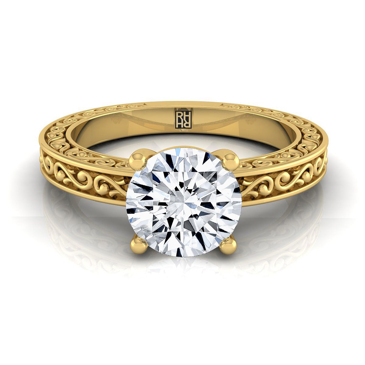 18K Yellow Gold Round Brilliant Hand Engraved Scroll Vintage Solitaire Engagement Ring