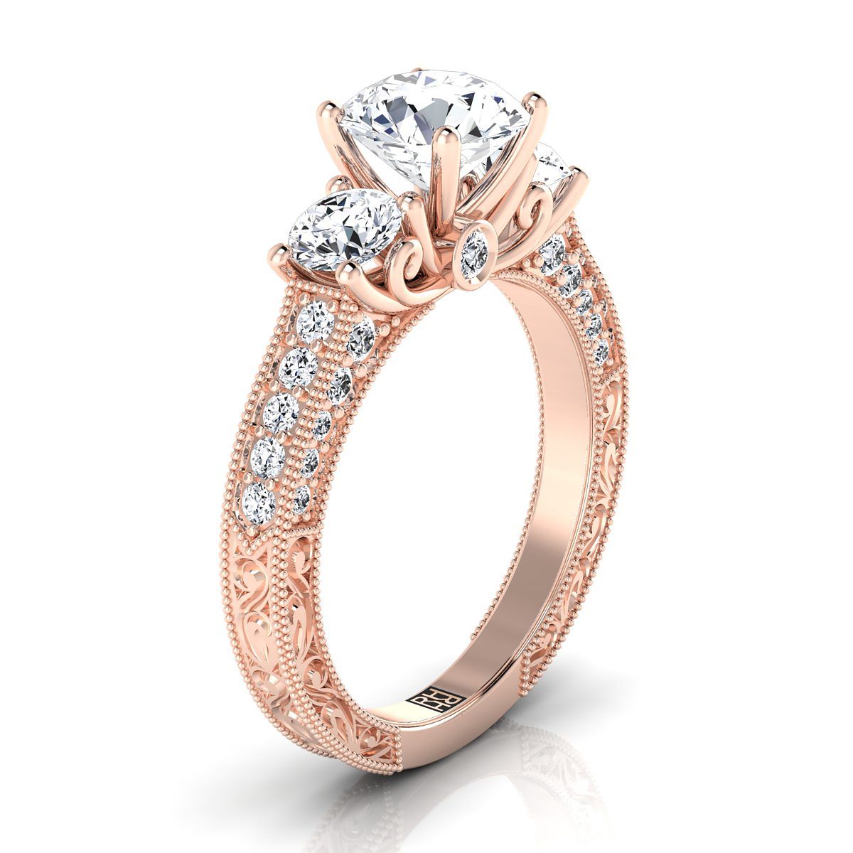 14K Rose Gold Round Brilliant Vintage Three Stone Antique Scroll Beaded Engagement Ring -7/8ctw