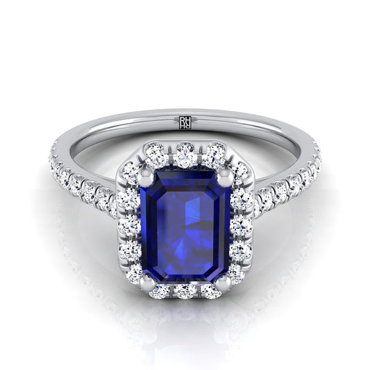 14K White Gold Emerald Cut Classic French Pave Halo and Linear Engagement Ring -3/8ctw