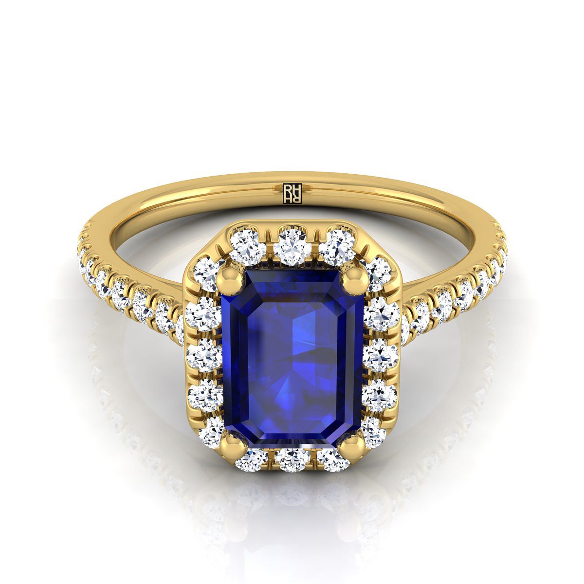 14K Yellow Gold Emerald Cut Classic French Pave Halo and Linear Engagement Ring -3/8ctw