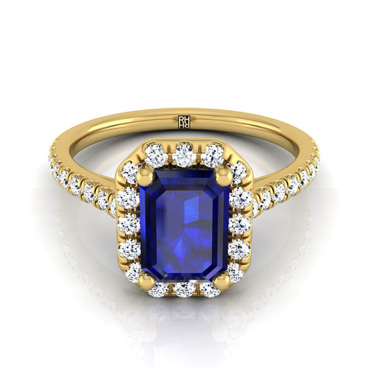 14K Yellow Gold Emerald Cut Classic French Pave Halo and Linear Engagement Ring -3/8ctw