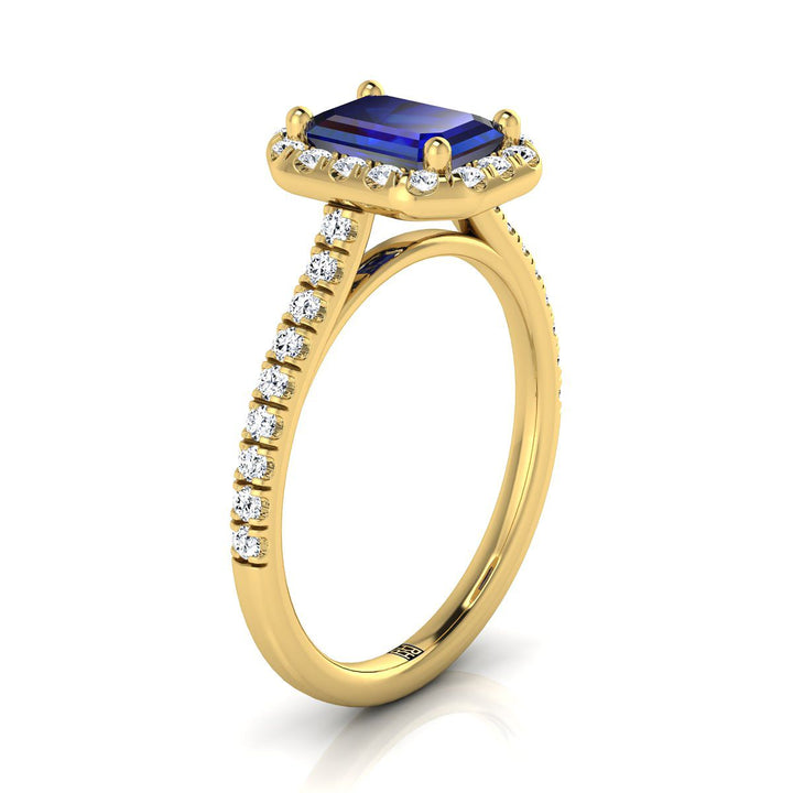 18K Yellow Gold Emerald Cut Classic French Pave Halo and Linear Engagement Ring -3/8ctw