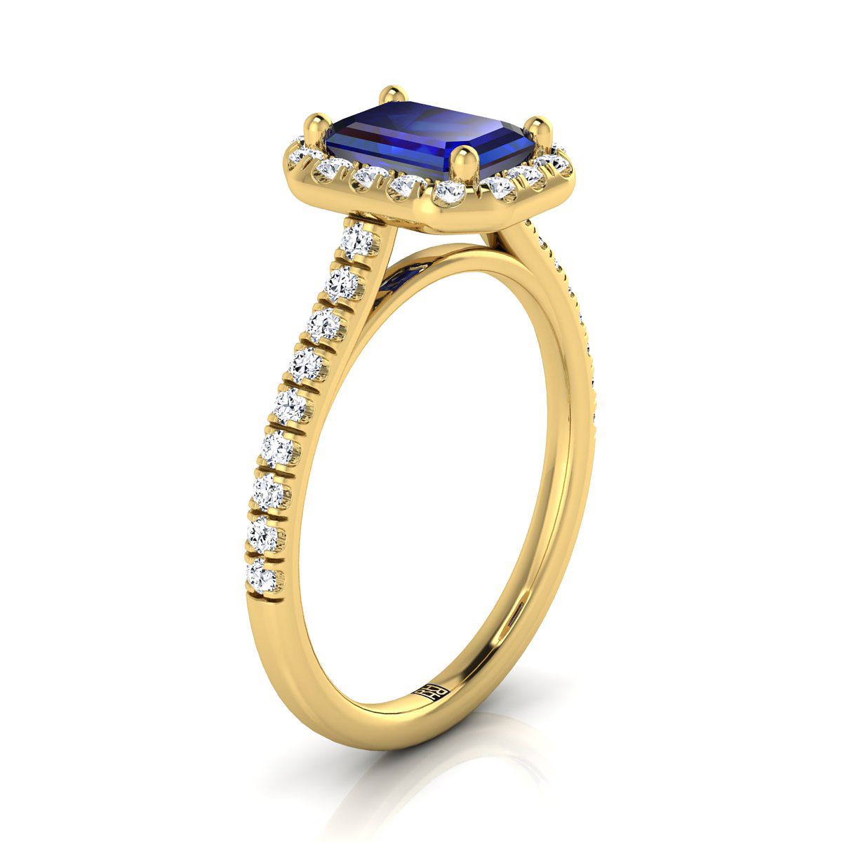 14K Yellow Gold Emerald Cut Classic French Pave Halo and Linear Engagement Ring -3/8ctw