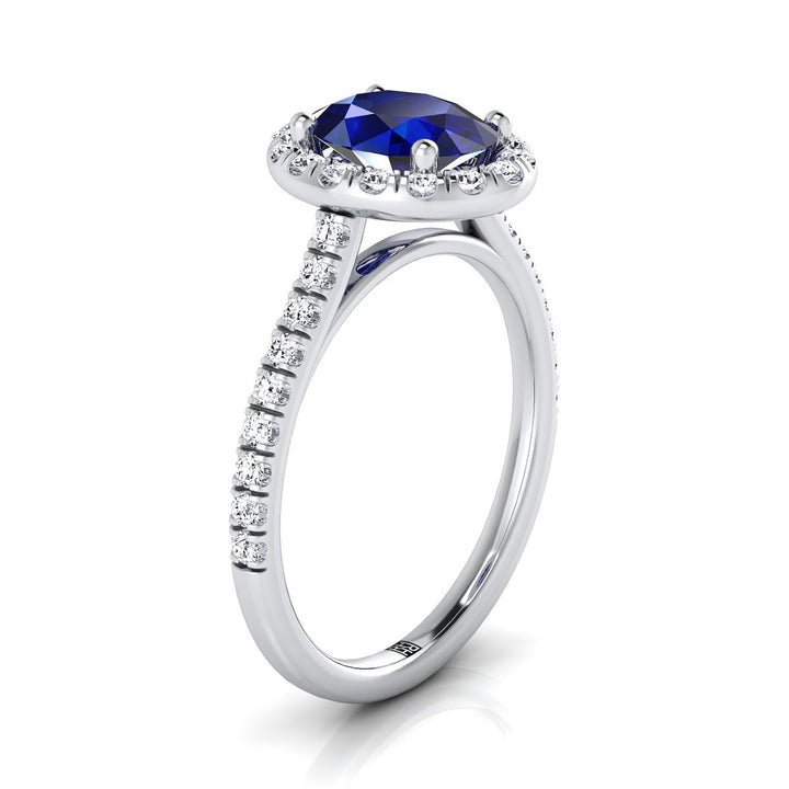 18K White Gold Oval Classic French Pave Halo and Linear Engagement Ring -3/8ctw