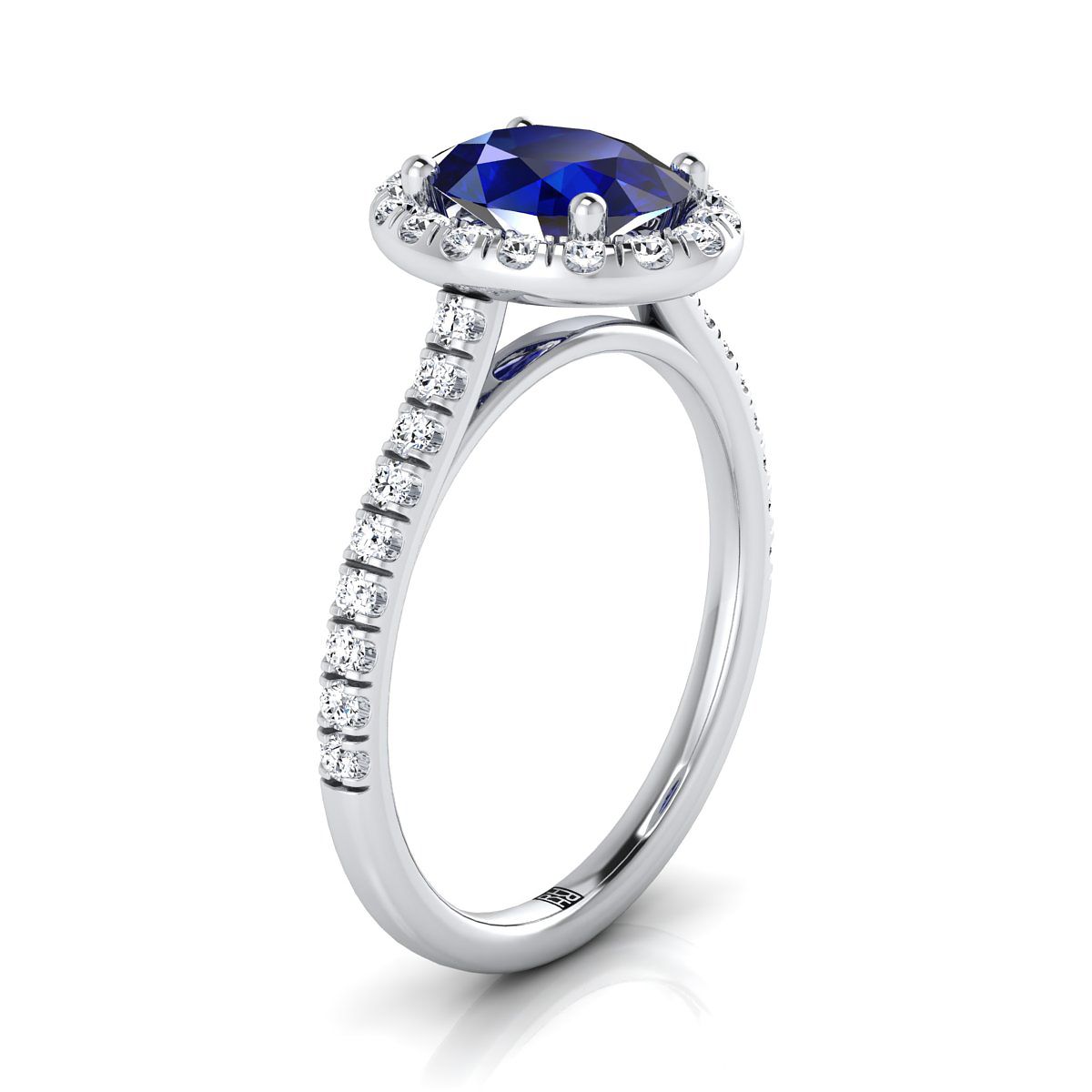 14K White Gold Oval Classic French Pave Halo and Linear Engagement Ring -3/8ctw