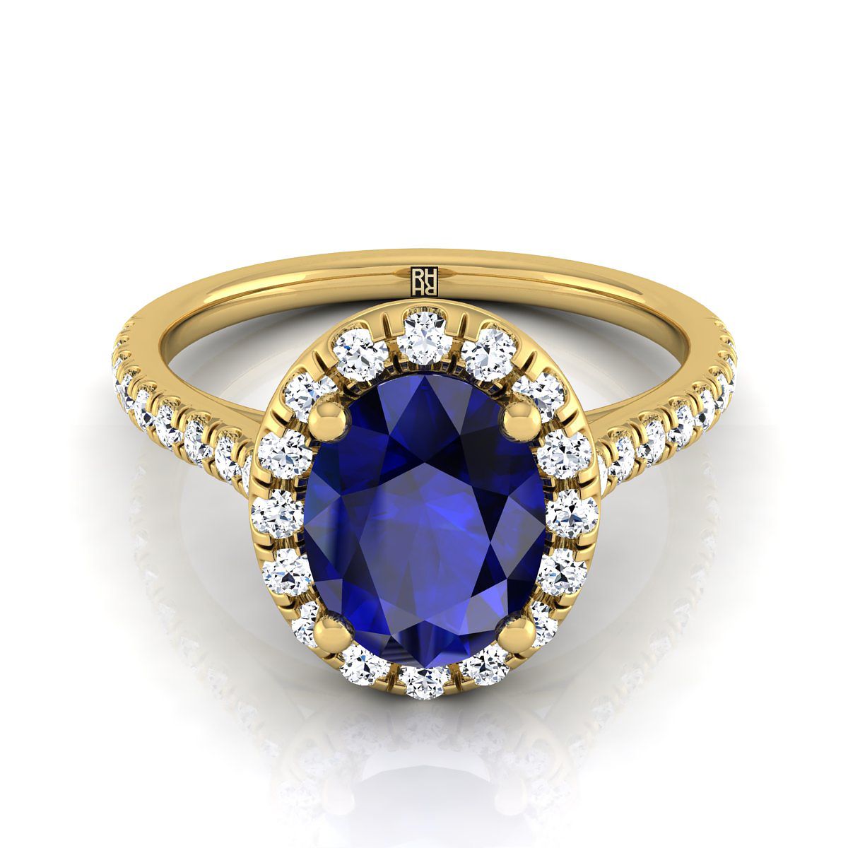 14K Yellow Gold Oval Classic French Pave Halo and Linear Engagement Ring -3/8ctw