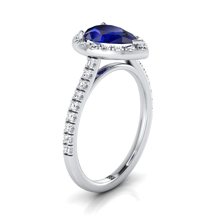 Platinum Pear Shape Center Classic French Pave Halo and Linear Engagement Ring -3/8ctw