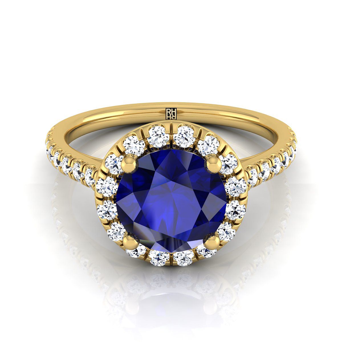 14K Yellow Gold Round Brilliant Classic French Pave Halo and Linear Engagement Ring -3/8ctw