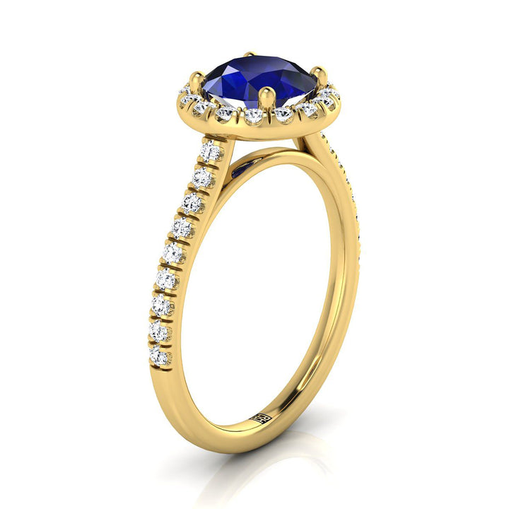 18K Yellow Gold Round Brilliant Classic French Pave Halo and Linear Engagement Ring -3/8ctw