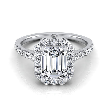 Platinum Emerald Cut Classic French Pave Halo and Linear Engagement Ring -3/8ctw