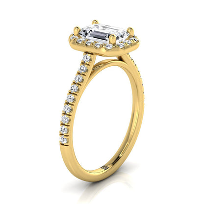 14K Yellow Gold Emerald Cut Classic French Pave Halo and Linear Engagement Ring -3/8ctw