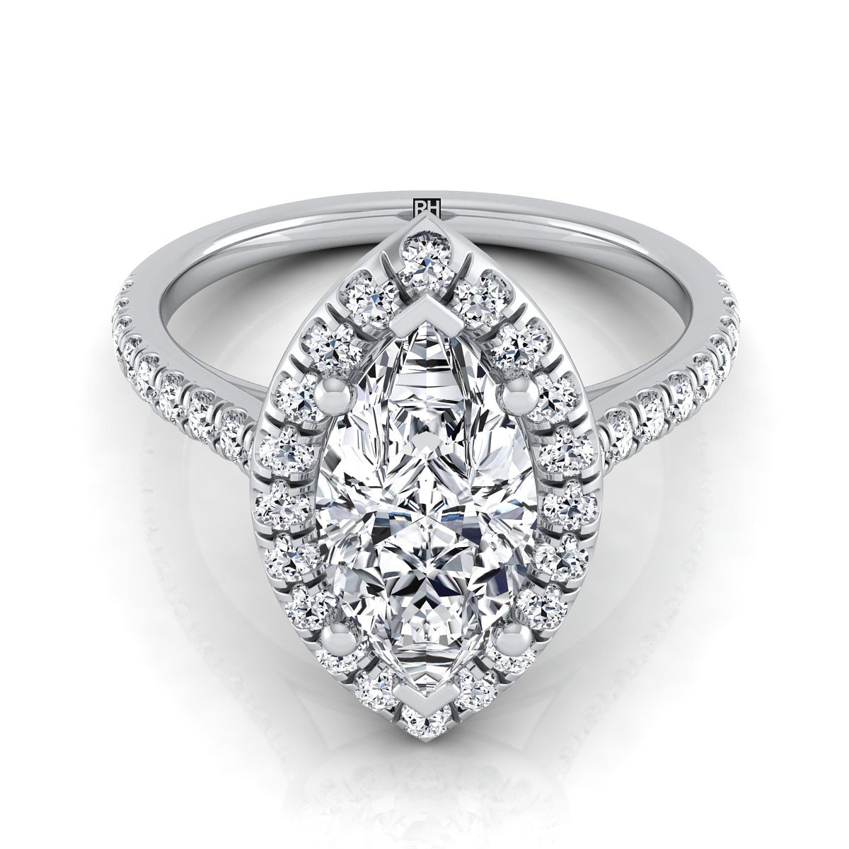 14K White Gold Marquise  Classic French Pave Halo and Linear Engagement Ring -1/2ctw