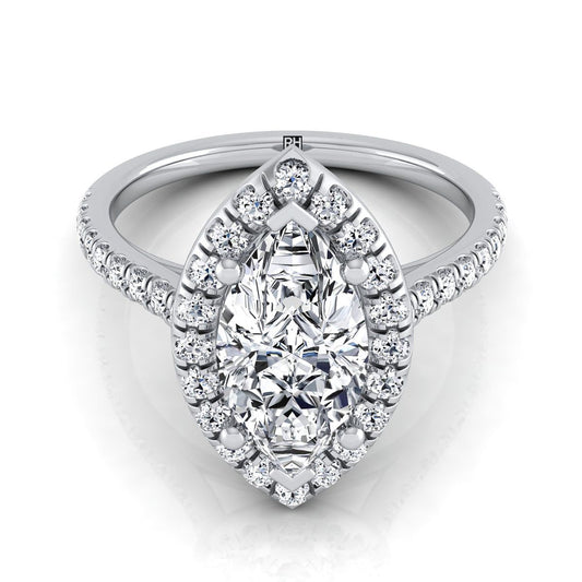 Platinum Marquise  Classic French Pave Halo and Linear Engagement Ring -1/2ctw