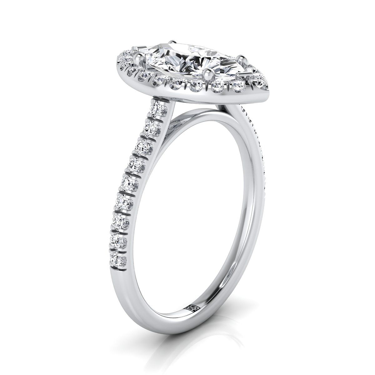 14K White Gold Marquise  Classic French Pave Halo and Linear Engagement Ring -1/2ctw