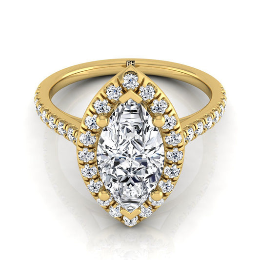 18K Yellow Gold Marquise  Classic French Pave Halo and Linear Engagement Ring -1/2ctw