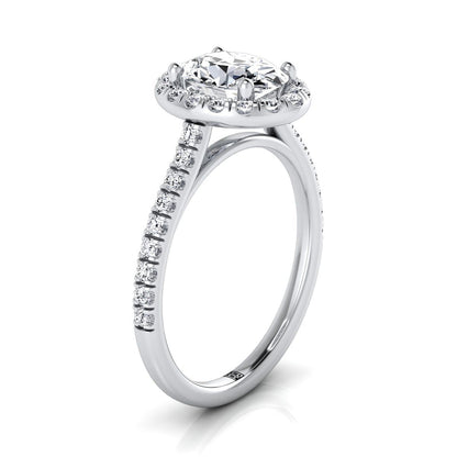 Platinum Oval Classic French Pave Halo and Linear Engagement Ring -3/8ctw