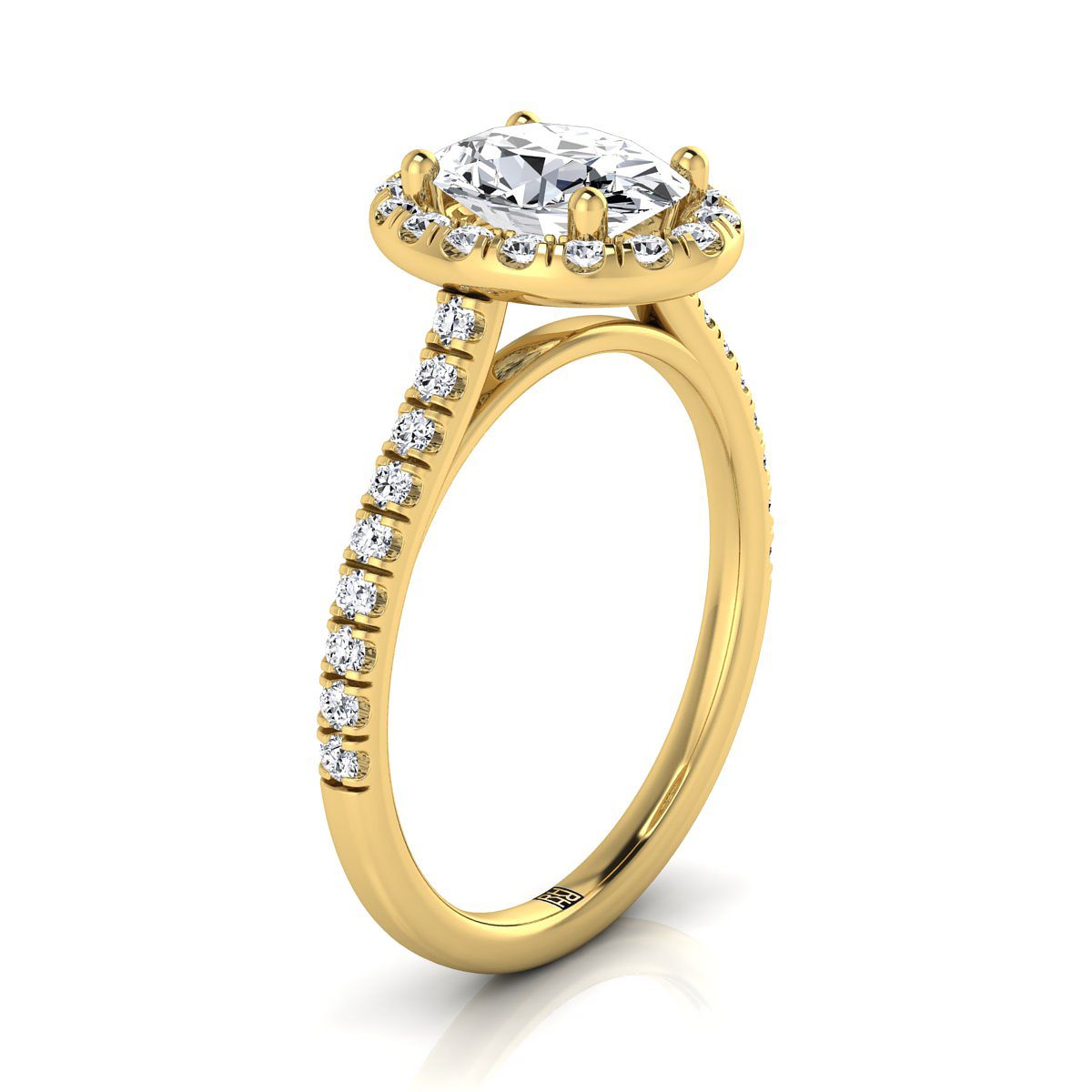 18K Yellow Gold Oval Classic French Pave Halo and Linear Engagement Ring -3/8ctw