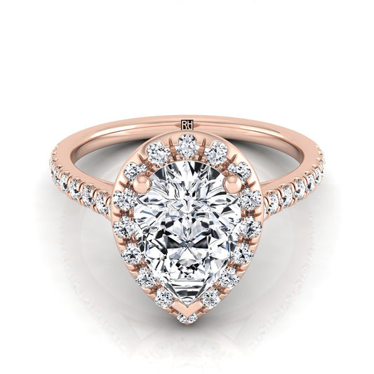 14K Rose Gold Pear Shape Center Classic French Pave Halo and Linear Engagement Ring -3/8ctw
