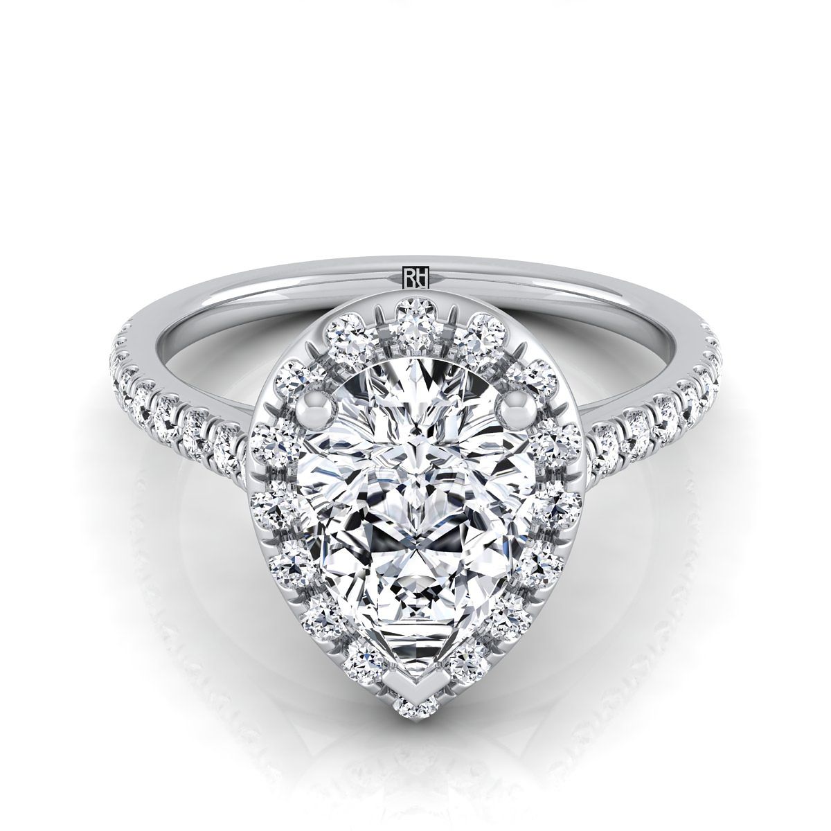 14K White Gold Pear Shape Center Classic French Pave Halo and Linear Engagement Ring -3/8ctw