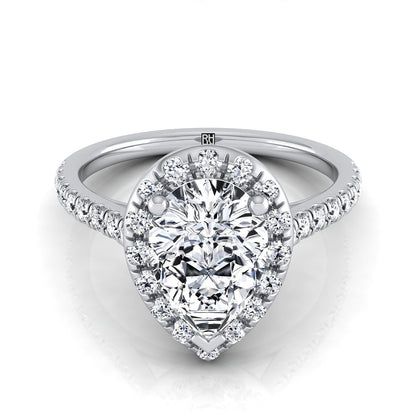14K White Gold Pear Shape Center Classic French Pave Halo and Linear Engagement Ring -3/8ctw